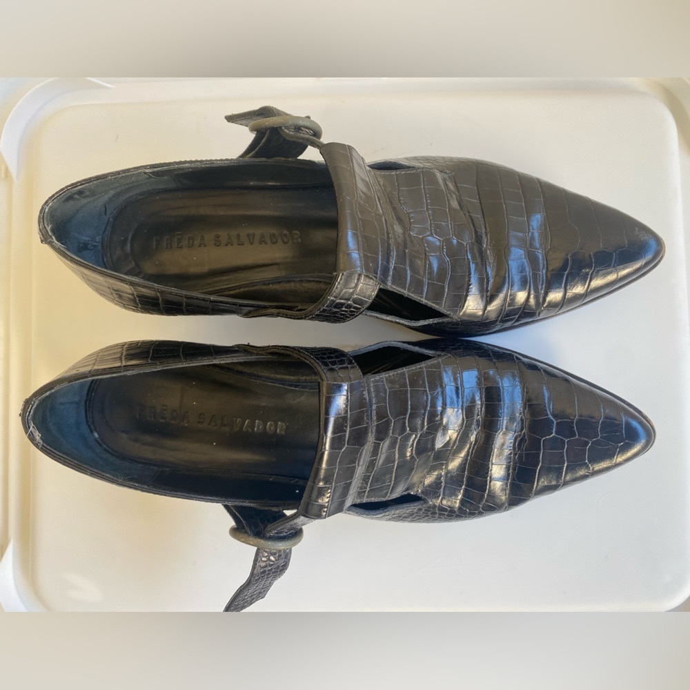 Freda Salvador KHALO Black Embossed Croc Buckle T Strap Loafer